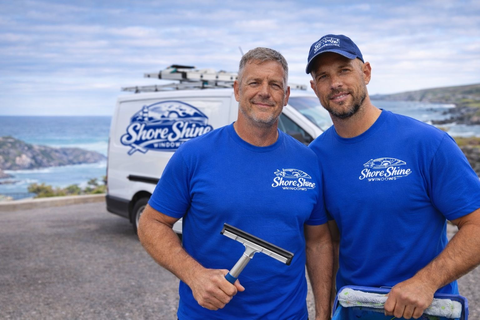 Shore Shine team with van and Cornwall coastline